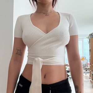 Wilfred White Ribbed Wrap Crop Top
